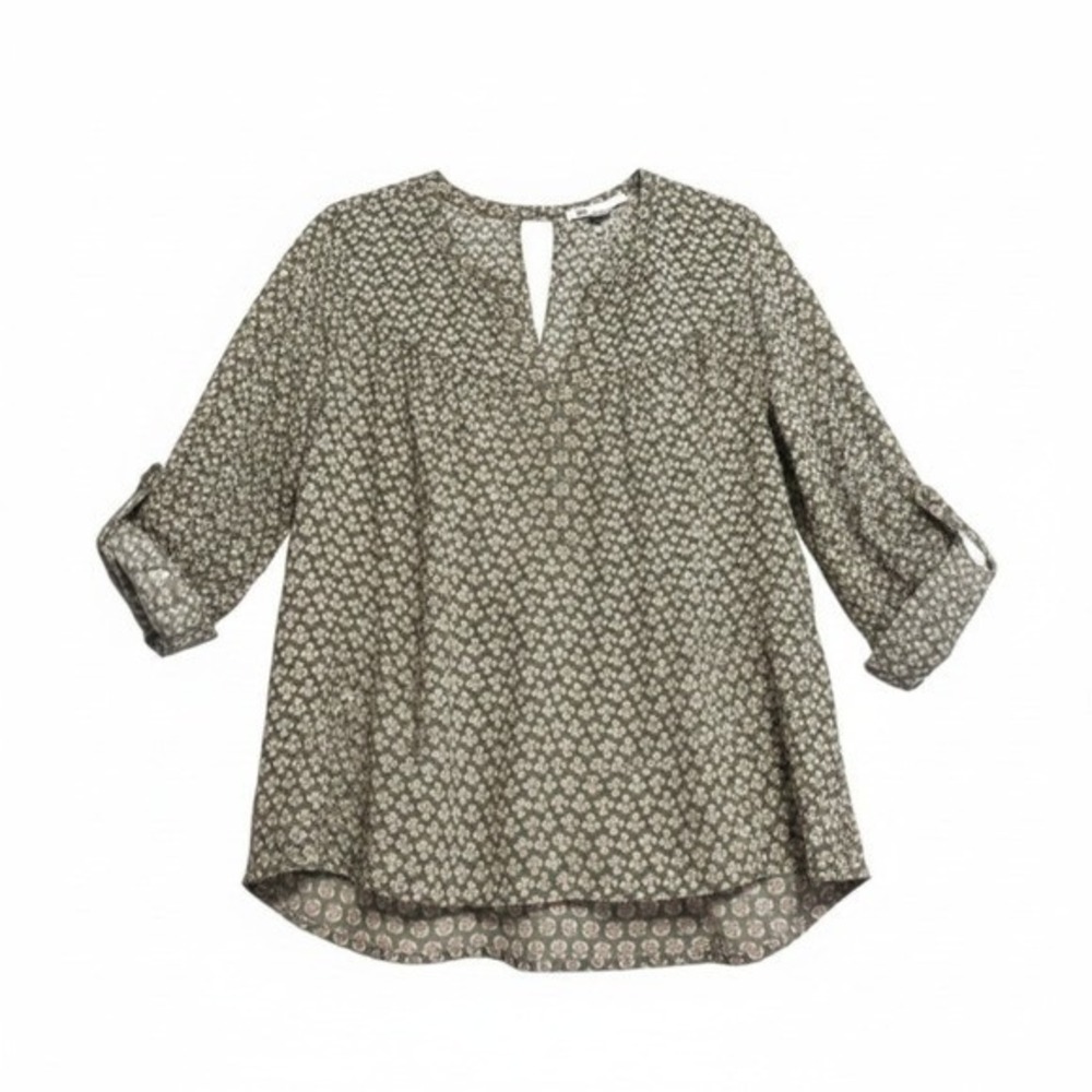 DR2 Daniel Rainn Bohemian Tunic Top Women's S Sheer Geometric Roll-Tab Sleeve